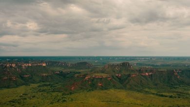 Vista aérea de paisagem verde do Cerrado, com campos extensos e formações rochosas no Tocantins.