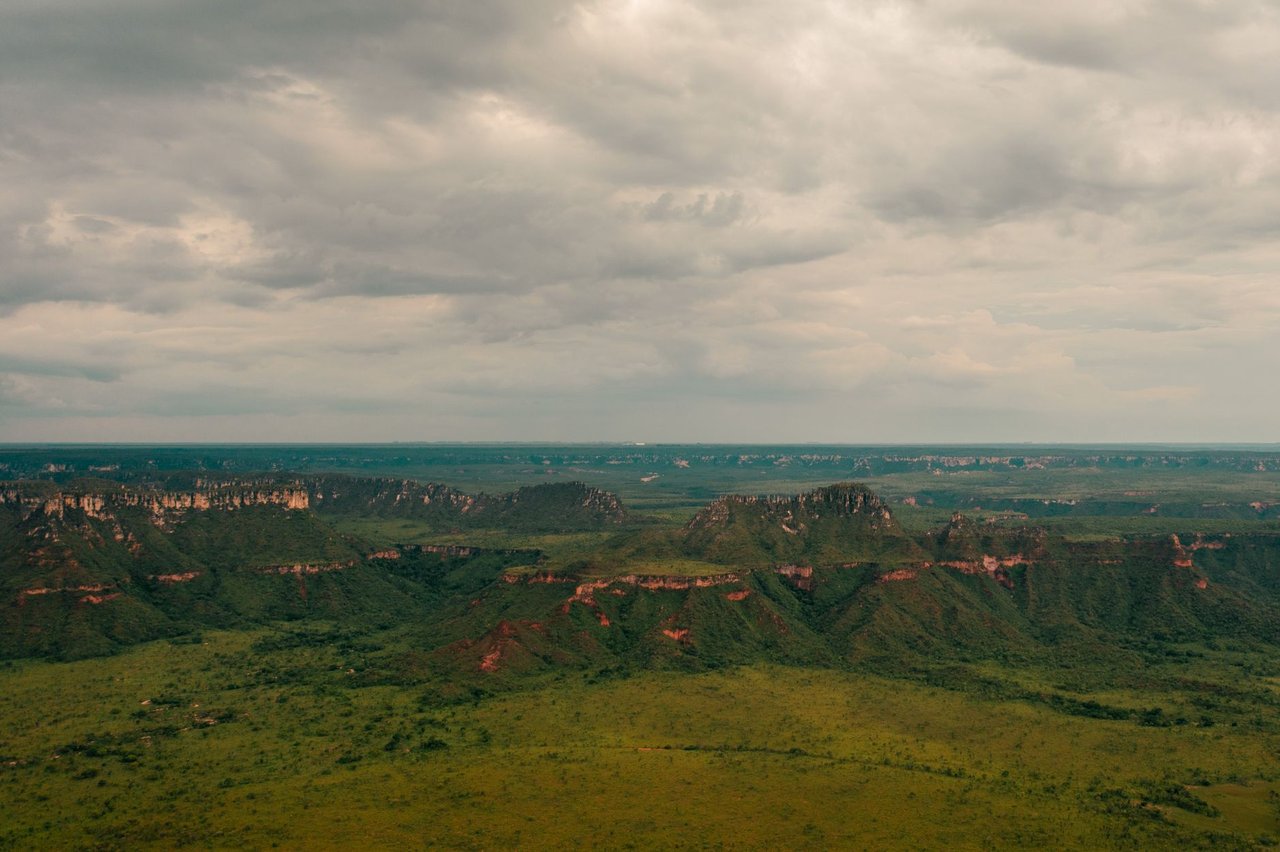 Vista aérea de paisagem verde do Cerrado, com campos extensos e formações rochosas no Tocantins.